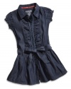 GUESS Kids Girls Little Girl Shirred Denim Dress, DARK STONE WASH (4)