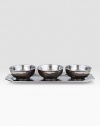 A unique mottling technique lends a hand-thumbed, hammered design to a beautiful metallic pewter set with the look of an old-world favorite. Includes a tray and three bowls 5¾W X 13½L Dishwasher, oven and microwave safe Imported