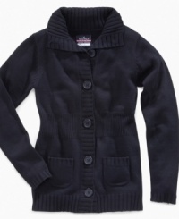 Snug with thick, cozy fabric, this cardigan from Nautica keeps her comfy while maintaining a classy, conservative style. Snug with thick, cozy fabric, this cardigan from Nautica keeps her comfy while maintaining a classy, conservative style.