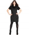 Shine this season in Extra Touch's short sleeve plus size sweater dress, featuring a metallic front.