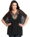 A sheer beauty: MICHAEL Michael Kors' butterfly sleeve plus size top, decked out by a beaded neckline!