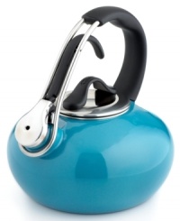 This innovative tea kettle throws you for a loop with its polished enamel coating that brings a little excitement and color to your kitchen. With a sweeping handle that arcs high above its body, this kettle knows the importance of high design and total functionality. The clever bell-shaped design helps induce heat for faster boiling. Limited warranty. This innovative tea kettle throws you for a loop with its polished enamel coating that brings a little excitement and color to your kitchen. With a sweeping handle that arcs high above its body, this kettle knows the importance of high design and total functionality. The clever bell-shaped design helps induce heat for faster boiling. Limited warranty.