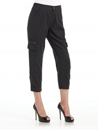THE LOOKElastic mid-width waistband with button closureFront zipperDual side, cargo & welt pocketsElastic cuffs with zipper closuresTHE FITRise, about 9½Inseam, about 24THE MATERIAL60% Tencel/40% cottonCARE & ORIGINMachine washImported THE LOOKElastic mid-width waistband with button closureFront zipperDual side, cargo & welt pocketsElastic cuffs with zipper closuresTHE FITRise, about 9½Inseam, about 24THE MATERIAL60% Tencel/40% cottonCARE & ORIGINMachine washImported