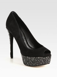 Striking peep toe design in plush suede with a crystal-encrusted heel and platform. Suede crystal-coated heel, 5½ (140mm)Suede crystal-coated platform, 1¾ (45mm)Compares to a 3¾ heel (95mm)Suede and crystal-coated upperPeep toeLeather lining and solePadded insoleImported