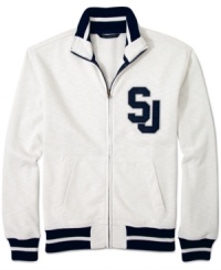Comfort meets cool. A bold patch logo and cozy fleece fabrication gives this track jacket from Sean John the best of both worlds. Comfort meets cool. A bold patch logo and cozy fleece fabrication gives this track jacket from Sean John the best of both worlds.