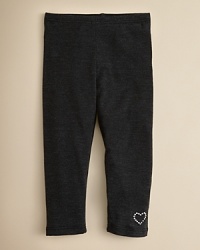 Solid legging with a heathered texture and a jeweled heart detail at the left ankle. Solid legging with a heathered texture and a jeweled heart detail at the left ankle.