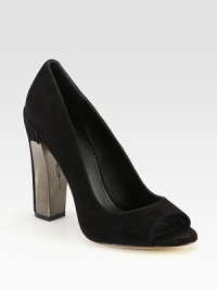 Low-cut suede silhouette with a chunky mixed-media heel and timeless peep toe. Suede and metal-covered heel, 4½ (115mm)Suede upperLeather liningBuffed leather solePadded insoleImportedOUR FIT MODEL RECOMMENDS ordering one size up as this style runs small. Low-cut suede silhouette with a chunky mixed-media heel and timeless peep toe. Suede and metal-covered heel, 4½ (115mm)Suede upperLeather liningBuffed leather solePadded insoleImportedOUR FIT MODEL RECOMMENDS ordering one size up as this style runs small.