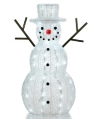 Let it glow. Lined with brilliant white lights, this irresistible snowman from Season's Designs welcomes guests with warmth and good cheer. Let it glow. Lined with brilliant white lights, this irresistible snowman from Season's Designs welcomes guests with warmth and good cheer.