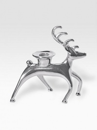 Prancing reindeer adds a spirited note to your holiday decor, hand-crafted of recycled aluminum.Holds standard taper candleAbout 6½L X 3W X 7HRecycled aluminumWipe cleanImported Prancing reindeer adds a spirited note to your holiday decor, hand-crafted of recycled aluminum.Holds standard taper candleAbout 6½L X 3W X 7HRecycled aluminumWipe cleanImported