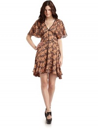 THE LOOKV-neckShort flutter sleevesPiping detailsAbstract print with velvet detailsFlared skirtSide zip closureTHE FITAbout 37 from shoulder to hemTHE MATERIAL70% rayon/30% silkFully linedCARE & ORIGINDry clean ImportedModel shown is 5'9½ (176cm) wearing US size 4. THE LOOKV-neckShort flutter sleevesPiping detailsAbstract print with velvet detailsFlared skirtSide zip closureTHE FITAbout 37 from shoulder to hemTHE MATERIAL70% rayon/30% silkFully linedCARE & ORIGINDry clean ImportedModel shown is 5'9½ (176cm) wearing US size 4.