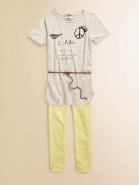 A basic tunic gets a little flirty with a wink-wink graphic and cute saying.Scoop neckShort, cuffed sleevesBelted at waistSewn rounded hemCottonMachine washImported A basic tunic gets a little flirty with a wink-wink graphic and cute saying.Scoop neckShort, cuffed sleevesBelted at waistSewn rounded hemCottonMachine washImported
