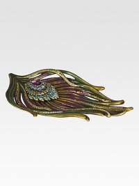 An exotic peacock feather-shaped tray, fabulously formed in glowing enamel and jewel-toned Swarovski crystals.Enamel and crystalHandmade, hand-enameled and hand-set8.75L X 5WMade in USA An exotic peacock feather-shaped tray, fabulously formed in glowing enamel and jewel-toned Swarovski crystals.Enamel and crystalHandmade, hand-enameled and hand-set8.75L X 5WMade in USA