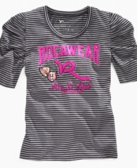 Recognize. Smocked sleeves and a pretty pink logo graphic on this tee from Rocawear make her a style standout. Recognize. Smocked sleeves and a pretty pink logo graphic on this tee from Rocawear make her a style standout.