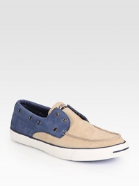 Timeless leather slide has soft cotton trim and a contrasting, laceless suede front. Padded insoleRubber soleImported Timeless leather slide has soft cotton trim and a contrasting, laceless suede front. Padded insoleRubber soleImported