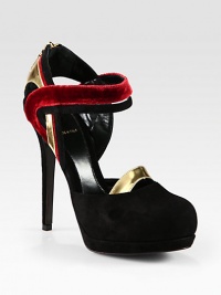 Contrasting velvet and metallic leather trim modernize this suede Mary Jane pump. Self-covered heel, 5 (125mm)Covered platform, ½ (15mm)Compares to 4½ heel (115mm)Suede, velvet & metallic leather upperLeather lining and solePadded insoleMade in Italy Contrasting velvet and metallic leather trim modernize this suede Mary Jane pump. Self-covered heel, 5 (125mm)Covered platform, ½ (15mm)Compares to 4½ heel (115mm)Suede, velvet & metallic leather upperLeather lining and solePadded insoleMade in Italy