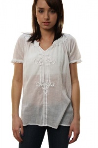 Lucky Brand Women's Short Sleeve Split V-Neck Lace Up Blouse White Lucky Brand Women's Short Sleeve Split V-Neck Lace Up Blouse White