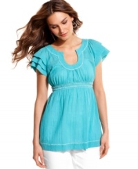 A gauzy peasant top from Studio M offers a fresh take on bohemian style with its flirty tiered sleeves and delicate embroidery. Consider it a breezy essential for the season. A gauzy peasant top from Studio M offers a fresh take on bohemian style with its flirty tiered sleeves and delicate embroidery. Consider it a breezy essential for the season.