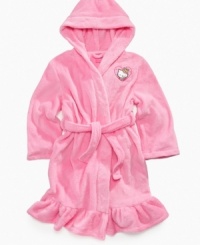 She'll enjoy wrapping herself in this super cute plush robe by Hello Kitty with delicate ruffle hem and soft hood. She'll enjoy wrapping herself in this super cute plush robe by Hello Kitty with delicate ruffle hem and soft hood.
