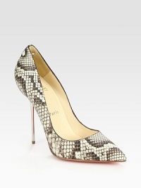 Lifted by a towering metal heel, multi-tone python adds dimension to this iconic point toe silhouette. Metal heel, 5 (125mm)Python upperLeather liningSignature red leather solePadded insoleMade in ItalyPlease note: Python pattern may vary.OUR FIT MODEL RECOMMENDS ordering one half size up as this style runs small. Lifted by a towering metal heel, multi-tone python adds dimension to this iconic point toe silhouette. Metal heel, 5 (125mm)Python upperLeather liningSignature red leather solePadded insoleMade in ItalyPlease note: Python pattern may vary.OUR FIT MODEL RECOMMENDS ordering one half size up as this style runs small.