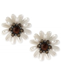 A natural choice. These flower stud earrings from Betsey Johnson are crafted from brown gold-tone mixed metal with topaz-colored glass crystal accents and pearl tones making them a pair worth picking. Approximate drop: 1 inch. A natural choice. These flower stud earrings from Betsey Johnson are crafted from brown gold-tone mixed metal with topaz-colored glass crystal accents and pearl tones making them a pair worth picking. Approximate drop: 1 inch.
