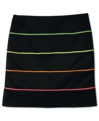 An easy, pull-on skirt from BCX is striped with neon for a splash of on-trend, pop-bright color. An easy, pull-on skirt from BCX is striped with neon for a splash of on-trend, pop-bright color.
