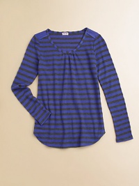 Fresh stripes on cozy waffle knit gets a little extra shaping from soft pleats at the neckline and a gracefully curved hem.Scoop neckline with soft center pleatsSolid shoulder insetsLong sleevesCurved hemPolyester/cotton/micromodalMachine washImported Fresh stripes on cozy waffle knit gets a little extra shaping from soft pleats at the neckline and a gracefully curved hem.Scoop neckline with soft center pleatsSolid shoulder insetsLong sleevesCurved hemPolyester/cotton/micromodalMachine washImported