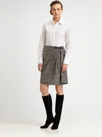 Inspired by a traditional wrap skirt, this pleated design features a chic leather-buckle detail and a touch of stretch for an amazing fit.Button closureFaux wrap styleBack waist dartsFully linedAbout 23 long52% wool/45% viscose/3% spandexDry clean by leather specialistImported Model shown is 5'11 (180cm) wearing US size 4. Additional Information Women's Premier Designer & Contemporary Size Guide Inspired by a traditional wrap skirt, this pleated design features a chic leather-buckle detail and a touch of stretch for an amazing fit.Button closureFaux wrap styleBack waist dartsFully linedAbout 23 long52% wool/45% viscose/3% spandexDry clean by leather specialistImported Model shown is 5'11 (180cm) wearing US size 4. Additional Information Women's Premier Designer & Contemporary Size Guide