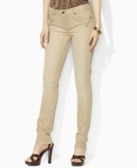 A chic skinny silhouette lends contemporary polish to Lauren Jeans Co.'s unique embroidered petite denim jean, rendered with stretch for a flattering fit. A chic skinny silhouette lends contemporary polish to Lauren Jeans Co.'s unique embroidered petite denim jean, rendered with stretch for a flattering fit.