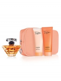 Love. Romance. Elegance. Trésor is for a woman who understands that time is precious and moments in this fast-paced world are to be treasured. The elegance of rose, mugent and lilac, and the sparkle of peach and apricot blossom are just a few notes that define this luminous fragrance. Set includes: 1.7 oz. Eau de Parfum, 2.5 oz. Perfumed Body Lotion, 2.5 oz. Perfumed Shower Gel and a cosmetics bag.