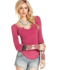 Crochet cuffs move this Free People henley top from staple to stylish territory -- perfect for a laid-back boho look! Crochet cuffs move this Free People henley top from staple to stylish territory -- perfect for a laid-back boho look!