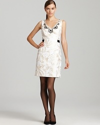 Subtle metallics illuminate a brocade-print Lilly Pulitzer dress, accented with an ornately-embellished neckline for an effortlessly luxe look. Slip the style over sheer tights and captivate at cocktail hour. Subtle metallics illuminate a brocade-print Lilly Pulitzer dress, accented with an ornately-embellished neckline for an effortlessly luxe look. Slip the style over sheer tights and captivate at cocktail hour.