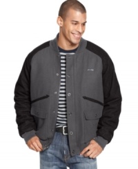 Varsity-style goes grown-up with two-tone color and stylish accents on this wool-blend coat from Sean John.