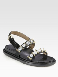 Light-catching rhinestones decorate this suede and grosgrain ribbon silhouette with piercing metal studs. Rubber platform, ¾ (20mm)Suede and grosgrain ribbon upper with rhinestones and metal studsAdjustable strapLeather liningRubber solePadded insoleMade in Italy Light-catching rhinestones decorate this suede and grosgrain ribbon silhouette with piercing metal studs. Rubber platform, ¾ (20mm)Suede and grosgrain ribbon upper with rhinestones and metal studsAdjustable strapLeather liningRubber solePadded insoleMade in Italy