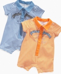 What a little man. Keep his style classic even at an early age with this adorable striped polo romper from Guess. What a little man. Keep his style classic even at an early age with this adorable striped polo romper from Guess.