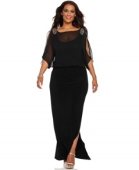 Xscape's plus size evening gown is sheer modern elegance with its split sleeves, blouson-style bodice and beaded embellishments. A slit at the front leg was made to show off a pair of strappy heels. Xscape's plus size evening gown is sheer modern elegance with its split sleeves, blouson-style bodice and beaded embellishments. A slit at the front leg was made to show off a pair of strappy heels.