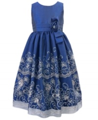 She'll be all that glitters in this glamorous sparkle dress with flowery detail by Jayne Copeland. She'll be all that glitters in this glamorous sparkle dress with flowery detail by Jayne Copeland.