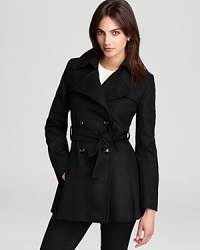 This versatile Via Spiga coat is the classic layer with a twist. Rendered in a double breasted silhouette and boasting a self-tie waist, it flaunts pleats at the back for ladylike chic. This versatile Via Spiga coat is the classic layer with a twist. Rendered in a double breasted silhouette and boasting a self-tie waist, it flaunts pleats at the back for ladylike chic.