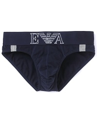 Emporio Armani updates the classic cotton brief with a wide, low-rise logo waistband and stripe details at the hip. Emporio Armani updates the classic cotton brief with a wide, low-rise logo waistband and stripe details at the hip.