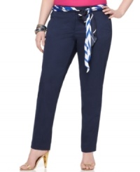 A belted waist lends nautical flair to DKNYC's slim leg plus size pants-- sail into sophisticated casual style! A belted waist lends nautical flair to DKNYC's slim leg plus size pants-- sail into sophisticated casual style!
