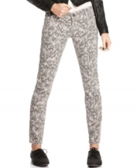 Join the graphic denim movement with Material Girl's five-pocket, feather-print skinny jeans! Join the graphic denim movement with Material Girl's five-pocket, feather-print skinny jeans!