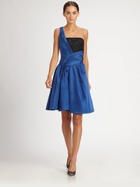 Artfully draped pleats create a kinetic effect on this prettily beaded satin silhouette.Asymmetrical necklineBeaded bust embroideryPleated, cross-front drapeGathered skirtConcealed side zipCotton/silk liningAbout 20 from natural waistSilk/nylon/cotton/rayonDry cleanMade in USA of imported fabricModel shown is 5'10 (177cm) wearing US size 4. Artfully draped pleats create a kinetic effect on this prettily beaded satin silhouette.Asymmetrical necklineBeaded bust embroideryPleated, cross-front drapeGathered skirtConcealed side zipCotton/silk liningAbout 20 from natural waistSilk/nylon/cotton/rayonDry cleanMade in USA of imported fabricModel shown is 5'10 (177cm) wearing US size 4.
