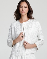 Lend chic luster to your everyday look with this vintage-inspired DKNY jacket. A hint of shine illuminates an intricate jacquard print for an effortlessly stunning style. Lend chic luster to your everyday look with this vintage-inspired DKNY jacket. A hint of shine illuminates an intricate jacquard print for an effortlessly stunning style.