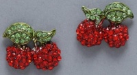 Glamorous Large 3/4 Gold Plated Sparkling Juicy Red Crystal Cherry Charm Stud Earrings with Green Crystal Leaves