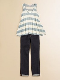 Crafted in a classic tank silhouette with babydoll hem, this striped knit is set for style perfection.V-neckSleevelessPullover style45% rayon/18% metal/16% cotton/16% polyester/5% spandexHand washMade in USA Crafted in a classic tank silhouette with babydoll hem, this striped knit is set for style perfection.V-neckSleevelessPullover style45% rayon/18% metal/16% cotton/16% polyester/5% spandexHand washMade in USA