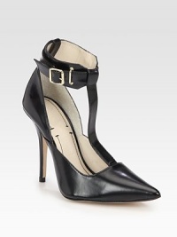 A simple t-strap modernizes this urban-chic leather pump with a classic point toe. Self-covered heel, 4¼ (110mm)Leather upperPoint toeAdjustable ankle strapLeather lining and solePadded insoleMade in SpainThis style runs true to size. We recommend ordering your usual size for a standard fit. A simple t-strap modernizes this urban-chic leather pump with a classic point toe. Self-covered heel, 4¼ (110mm)Leather upperPoint toeAdjustable ankle strapLeather lining and solePadded insoleMade in SpainThis style runs true to size. We recommend ordering your usual size for a standard fit.
