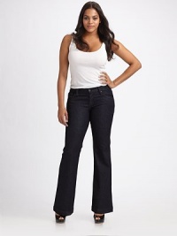 Dark-wash denim with a high-rise fit.THE FITFitted through hips and thighs Flared leg Inseam, about 34THE DETAILSZip fly Five-pocket style 81% cotton/17% polyester/2% elastane; machine wash Made in USA of imported fabrics Dark-wash denim with a high-rise fit.THE FITFitted through hips and thighs Flared leg Inseam, about 34THE DETAILSZip fly Five-pocket style 81% cotton/17% polyester/2% elastane; machine wash Made in USA of imported fabrics