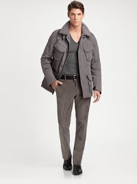 This sophisticated pant is tailored in a trim silhouette of soft stretch corduroy with a slim, straight leg for a distinguished look.Flat-front styleSide slash, back welt pocketsInseam, about 3498% cotton/2% elastaneDry cleanMade in Italy This sophisticated pant is tailored in a trim silhouette of soft stretch corduroy with a slim, straight leg for a distinguished look.Flat-front styleSide slash, back welt pocketsInseam, about 3498% cotton/2% elastaneDry cleanMade in Italy