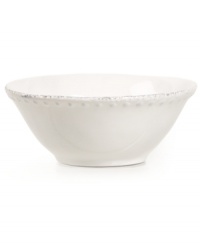 Elegant is an understatement with the Blanc Brigette cereal bowl by Versailles Maison. Raised dots and a soft white finish adorn beautifully distressed earthenware. Elegant is an understatement with the Blanc Brigette cereal bowl by Versailles Maison. Raised dots and a soft white finish adorn beautifully distressed earthenware.