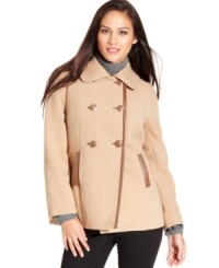 Sumptuous faux-leather trim lends a rich look to Style&co.'s petite pea coat. Sumptuous faux-leather trim lends a rich look to Style&co.'s petite pea coat.