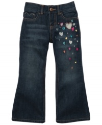 Decorate her sweetly. Dainty embroidered hearts on the pant of these jeans from Osh Kosh are cute details to complement her look. Decorate her sweetly. Dainty embroidered hearts on the pant of these jeans from Osh Kosh are cute details to complement her look.